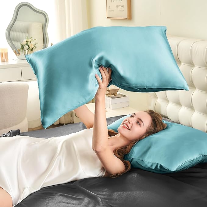 INFIIXSO Silk Pillow Cases 2 Pack Standard Size, Ultra Smooth & Soft Mulberry Silk Pillow Case for Hair and Skin, Breathable Cooling Silk Pillowcase with Hidden Zipper (Ocean Mist, 20x26 Inches)