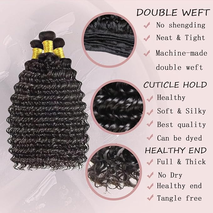 12A Human Hair Bundles Deep Wave 100% Unprocessed Brazilian Virgin Hair 4 Bundles Deep Curly Human Hair Extensions Quick Weave Human Hair (4 Bundlles Natural black, 14 16 18 20 Inch)