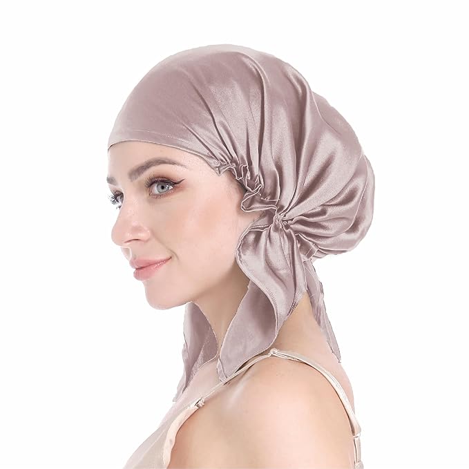 100% Silk Bonnet for Sleeping, Large Silk Sleep Cap with Tie Band for Curly Hair, Dusty Rose