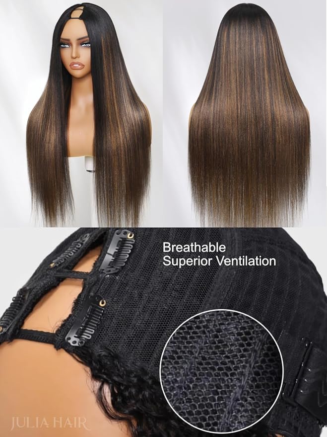 Julia Hair V Part Glueless Wig Human Hair Yaki Straight Highlight Balayage Ombre Brown Upgrade U Part Human Hair Drawstring Clip in Half Wigs No Glue No Lace Ready to Go Beginner Friendly 24 Inch