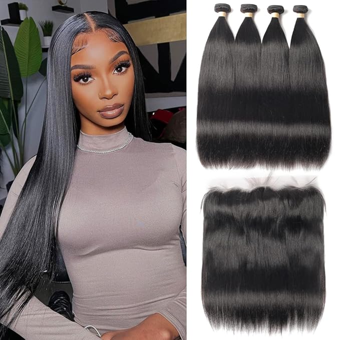 Straight 4 Bundles with Frontal (22 24 26 28+20Frontal) 13x4 Ear to Ear Lace Frontal 10A Unprocessed Virgin Human Hair Straight Bundles with Frontal Natural Color