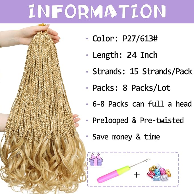 French Curl Crochet Braids 24 Inch 8 Packs Goddess Box Braids Crochet Hair for Women Pre Looped Crochet Box Braid with Curly Ends Synthetic French Curly Braiding Hair Extensions (P27/613)
