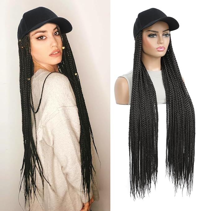 Braided Baseball Cap Wig Box Braid Hair Extensions with Hat Natural Black Color Cap Wig with 30inch Long Synthetic Braiding Hair for Women (30in-natural black)