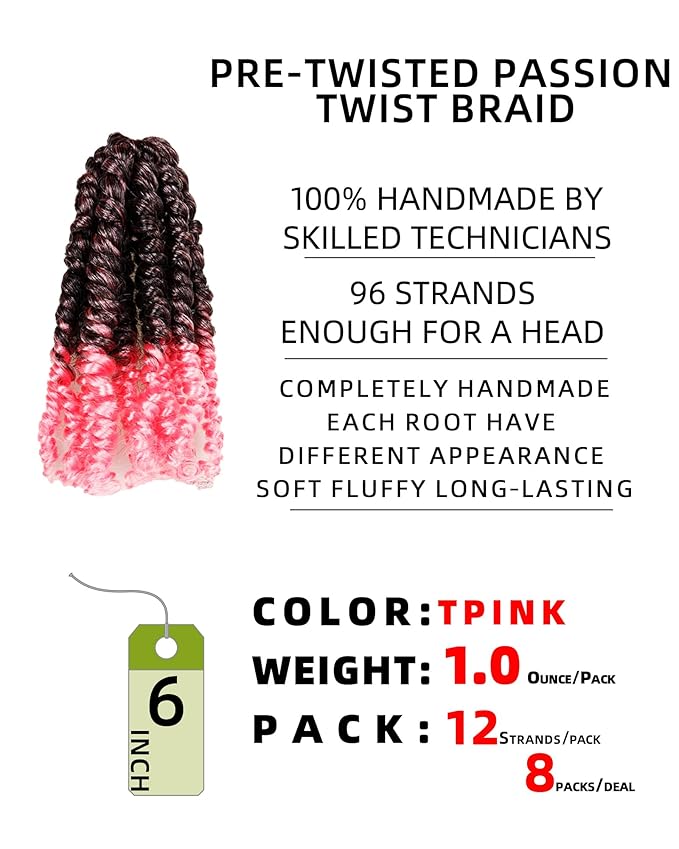 Pre Looped Pretwisted 6 Inches 8 Packs Passion Twist Crochet Hair for Black Women and Kids-Omber Pink,Soft Lightweight Hair Extension(6"-8 Packs,T1B/Pink)
