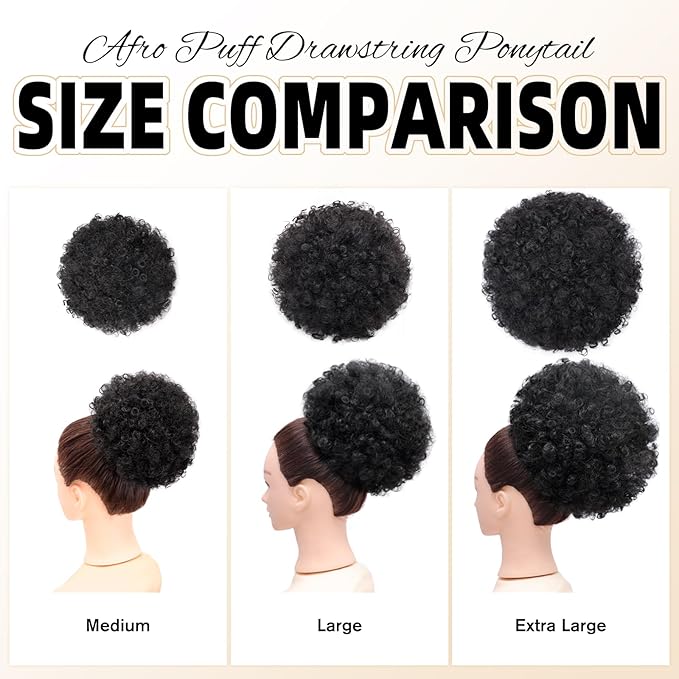 AISI QUEENS Afro Puff Drawstring Ponytail Synthetic Short Afro Kinkys Curly Afro Bun Extension Hairpieces Updo Hair Extensions with Two Clips Natural Black Large Size(1B#)