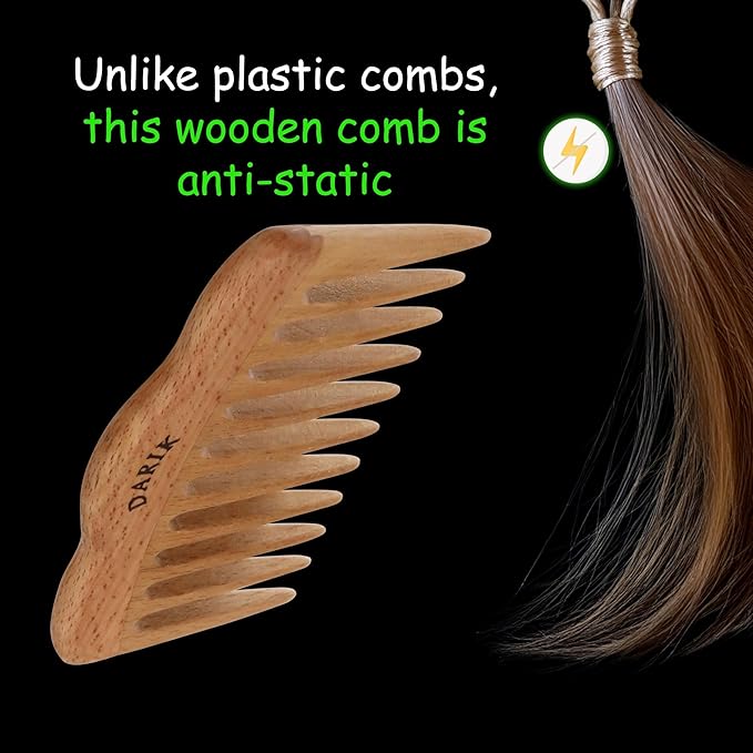 Wide Tooth Wooden Comb Handmade - Natural Vintage Style Wide Tooth Comb for Curls Gentle Styling - Anti-Static Wood Hair Combs For Women Detangling (Oval Wide Tooth)