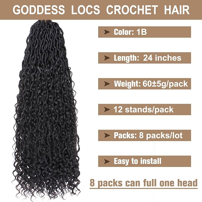 COOKOO 24 Inch New Goddess Locs Crochet Hair 8 Packs Wavy Faux Locs Synthetic Hair with Curls Pre Looped Boho Soft River Locs Crochet Hair Synthetic Hair Extensions 1B#