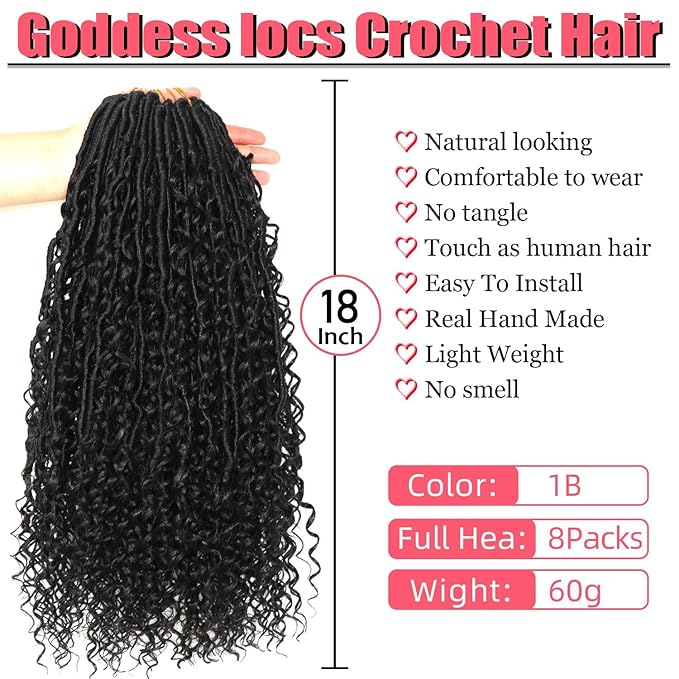 Goddess Locs Crochet Hair-18 Inch 8 Packs Boho Faux Locs Crochet Hair for Black Women Pre Looped Soft Locs with Curly Ends (1B#, 18 Inch(Pack of 8))