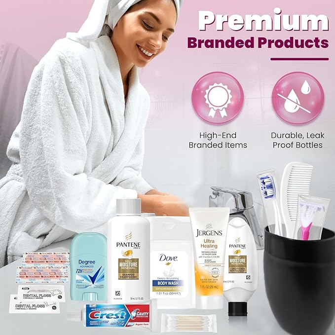 Trektote Bulk Hygiene Kit For Women – (50 Pack) 15 Piece Set – Featuring Top Trusted Brands, TSA Compliant, Bulk Travel Essentials, Includes Shampoo And Conditioner, Body Wash, Toiletry Bag & More