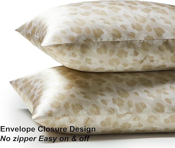 Satin Pillowcase for Hair and Skin, Leopard Print Soft Silky Pillow Cases Queen Size Pack of 2, Cooling Satin Pillowcase Set with Envelope Closure (20x30 inches, Champagne)