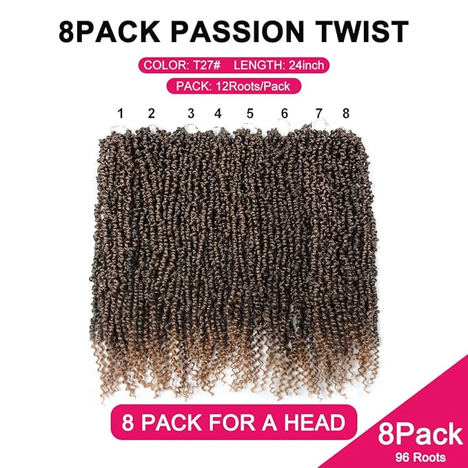 Passion Twist Hair - 8 Packs 24 Inch Passion Twist Crochet Hair For Black Women, Crochet Pretwisted Curly Hair Passion Twists Synthetic Braiding Hair Extensions(24 Inch 8 Packs, T27)