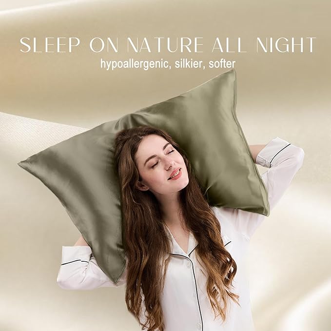 ZIMASILK 100% Pure Mulberry Silk Pillowcase for Hair and Skin Health,Soft and Smooth,Both Sides Premium Grade 6A Silk,600 Thread Count,with Hidden Zipper,1pc (Queen 20''x30'',Olive Grey)
