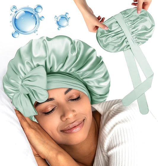 Silk Bonnet for Sleeping Women Double Layer Hyaluronic Acid Satin Bonnet with Adjustable Tie Band Sleep Cap for Curly Hair