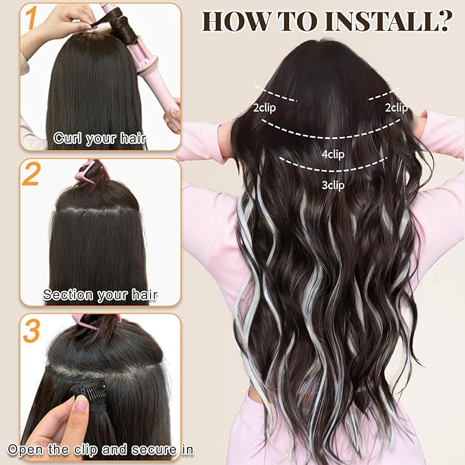 ALXNAN Clip in Long Wavy Synthetic Hair Extension 24 Inch Dark Brown Mix White Highlights 4PCS Thick Hairpieces Fiber Double Weft Hair for Women