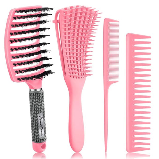 Hommtina 4Pcs Vented Brush Set for Thick/Wet/Dry/Wavy/Oil/Long Hair - Afro America/African Hair (4 PCS, Pink)