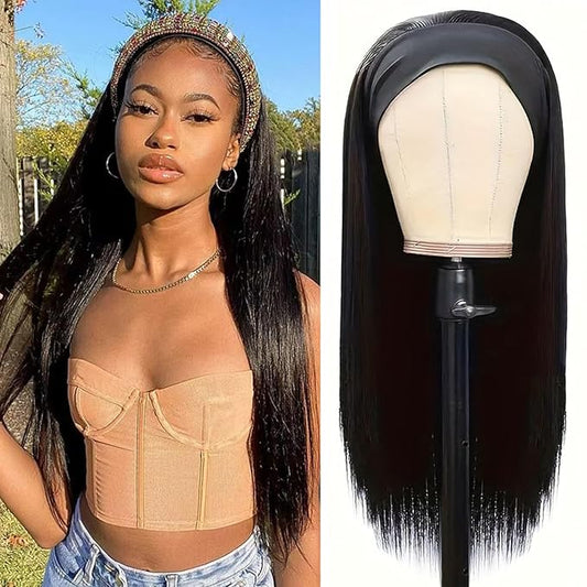 Headband Wig Human Hair Straight Headband Wigs Brazilian Virgin Hair Wig Glueless Machine Made None Lace Front Wigs Half Wigs for Black Women Natural Color 150% Density 26 Inch