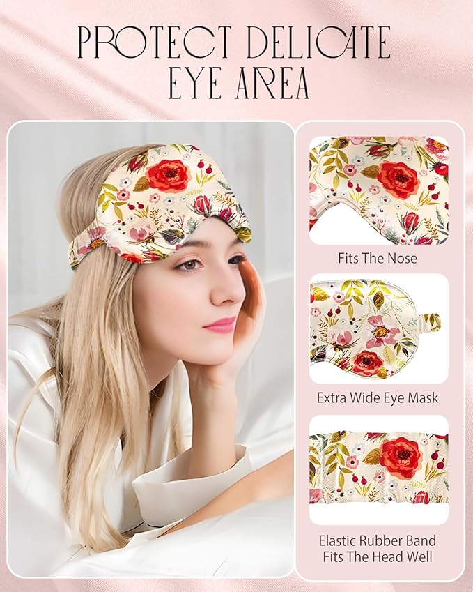 Mulberry Silk Pillow Case for Hair and Skin 19 Momme Standard 26"x20" Retro Flower Silk Pillowcase with Eye Mask & Scrunchie Soft Silk Pillowcase Sleeping for Moms, Women