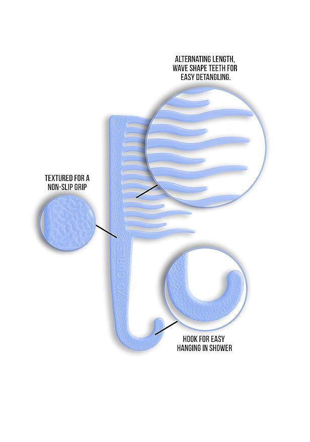 XO Curls Shower detangling hair comb, Wide tooth comb, Comb with hook for easy hanging in shower, Gentle on Scalp, Hair comb for with curly & wavy hair (Blue)