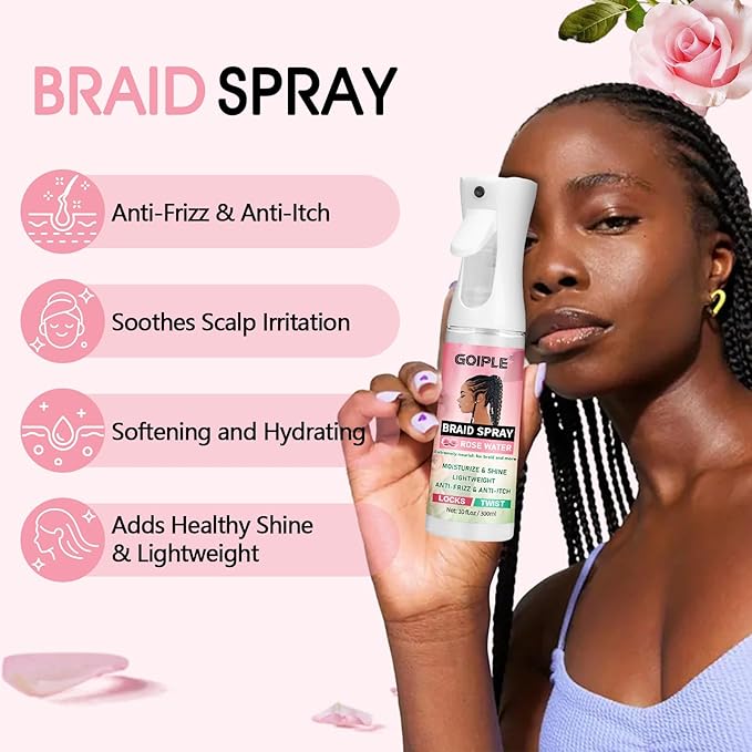 10 fl oz Braid Spray Rose Mint for Dreads, Dreadlocks, Locks Spray Rose Water for Itchy Scalp, Shine & Lightweight for Dull Hair Twists, Cornrows, Box Braids Moisturizer, Rose Water for All Hair Types