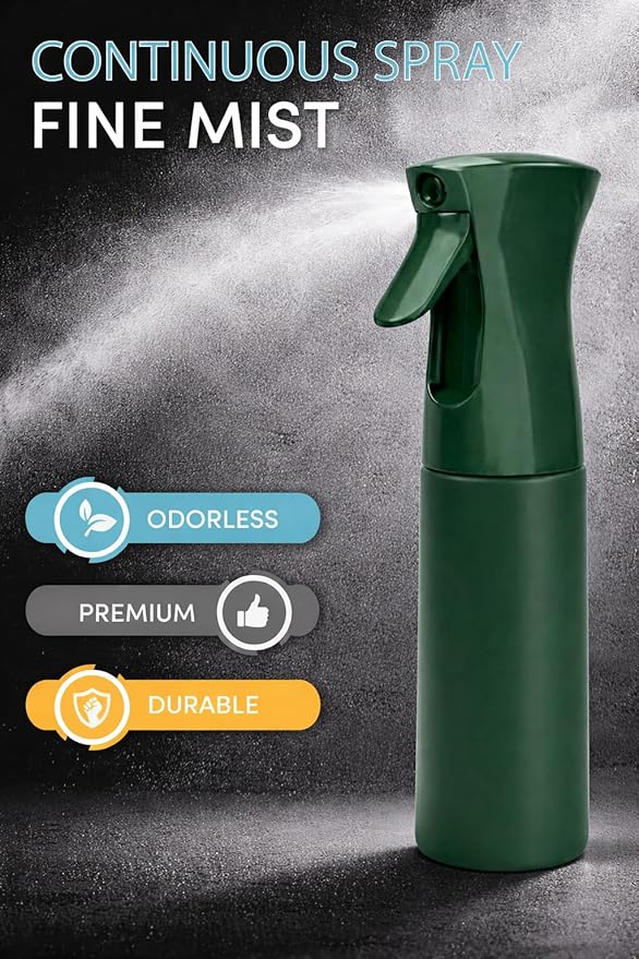 Hula Home Continuous Spray Bottle for Hair (10.1oz/300ml) Empty Ultra Fine Plastic Water Mist Sprayer – For Hairstyling, Cleaning, Salons, Plants, Essential Oil Scents & More - Green