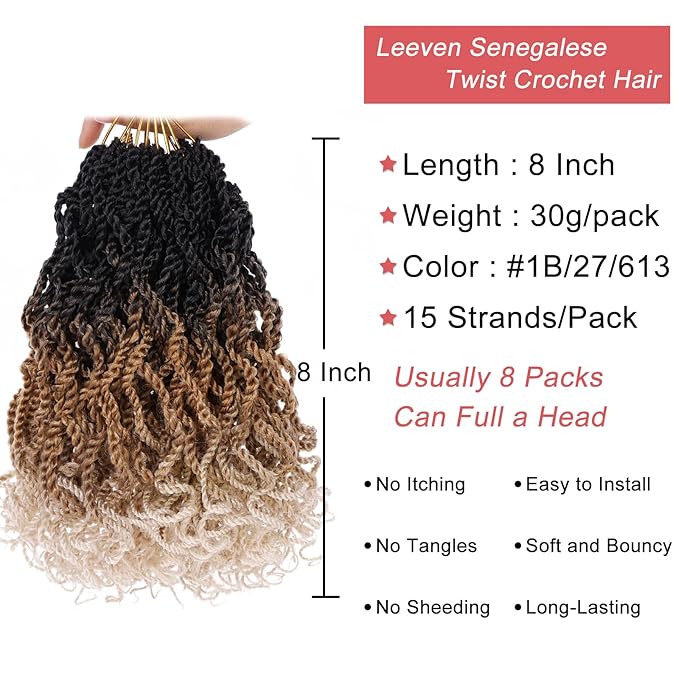 Leeven 8 Inch Senegalese Twist Crochet Hair 8 Packs Ombre Blonde Shrot Pre Looped Wavy Crochet Braids with Curly Ends 3 Tone Hanava Twist Synthetic Braiding Hair for Women Girl Kids #1B/27/613