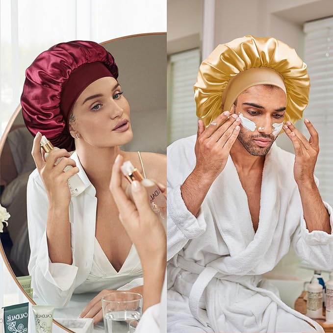 Satin Silk Bonnet for Sleeping, Double Layer Silk Sleep Cap for Men & Women, Soft Satin Lined Bonnet for Curly Hair