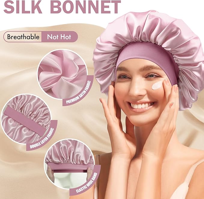 Satin Silk Bonnet for Sleeping, Double Layer Silk Sleep Cap for Men & Women, Soft Satin Lined Bonnet for Curly Hair