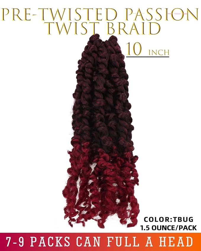 10 Inches 8 Packs Passion Twist Hair-Ombre Burgundy Pre-twisted Passion Twists,Pre-Looped Crochet Hair Spring twist Hair Extensions(10 Inch(Pack of 8), TBUG)