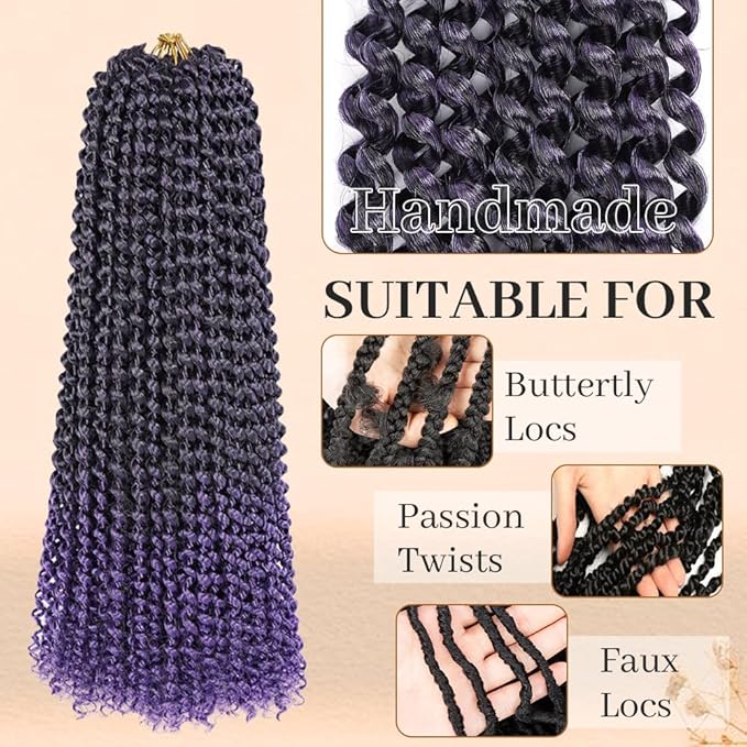 ShowCoco Purple Passion Twist Hair 18 Inch Water Wave Crochet Hair for 6 Packs Passion Twist Crochet Hair Bohemian Hair Braiding Passion Twist Braids Synthetic Hair Extensions (18 Inch, #1B/Purple)