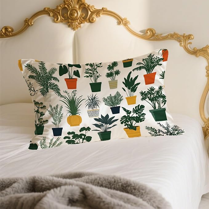 Indoor Plant 1 Pack Satin Pillowcase for Hair and Skin Green Houseplant Imitation Silk Pillowcase with Hidden Zipper Soft Breathable Pillow Cover Standard Size for Bedroom Sofa 20”x26”