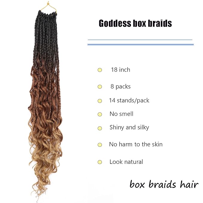 18 Inch Goddess Box Braids Crochet Hair for Black Women 8 Packs Crochet Box Braids Pre-looped Boho Box Braids Crochet Braids Synthetic Braiding Hair Extension 1b/30/27
