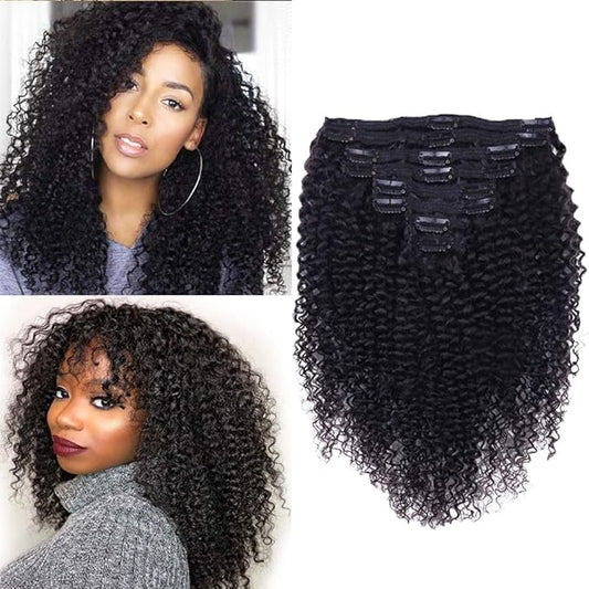 Curly Clip In Extension Human Hair 3C 4A Kinky Curly Clip Ins Full Head for Black Women Brazilian Remy Human Hair Natural Color 8Pcs with18clips 120g/Set (18 inch, curly wave)