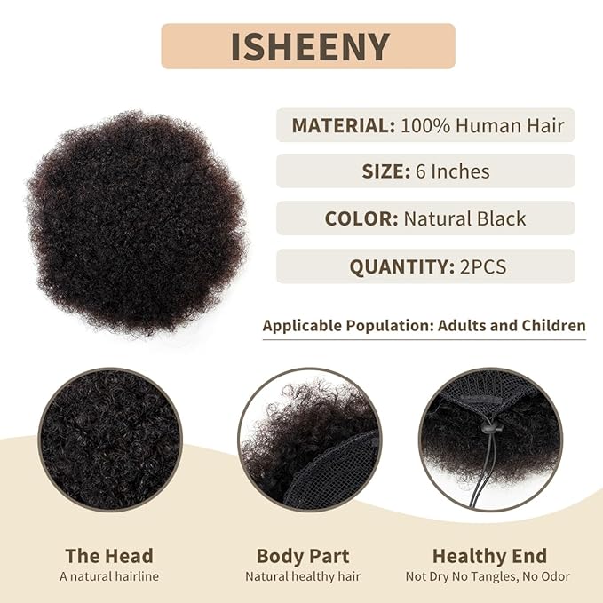 isheeny Curly Ponytail Extension Human Hair Medium Drawstring Ponytail 2pcs For Girls, An Innovative Design For African Puffs, Delicate And Cute Loose Kinky Curls Hairpiece For Style Transformation