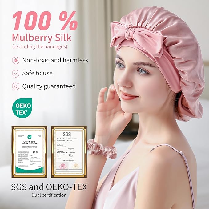 Silk Bonnet for Sleeping Women, 22 Momme 100% Mulberry Silk Sleep Cap with 2 Matching Silk Scrunchies, Double-Sided Wearable Hair Bonnet for Night Hair Care and All Hair Types - Pink