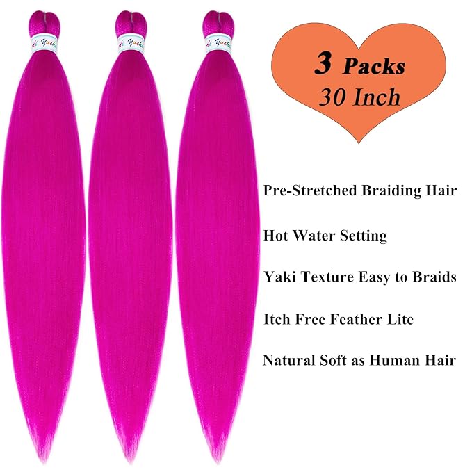 30 Inch Magenta Braiding Hair Knotless Hypoallergenic Non Toxic Pink Braiding Hair Pre Stretched Plant Based Synthetic Braids Hair Extensions 3 Packs