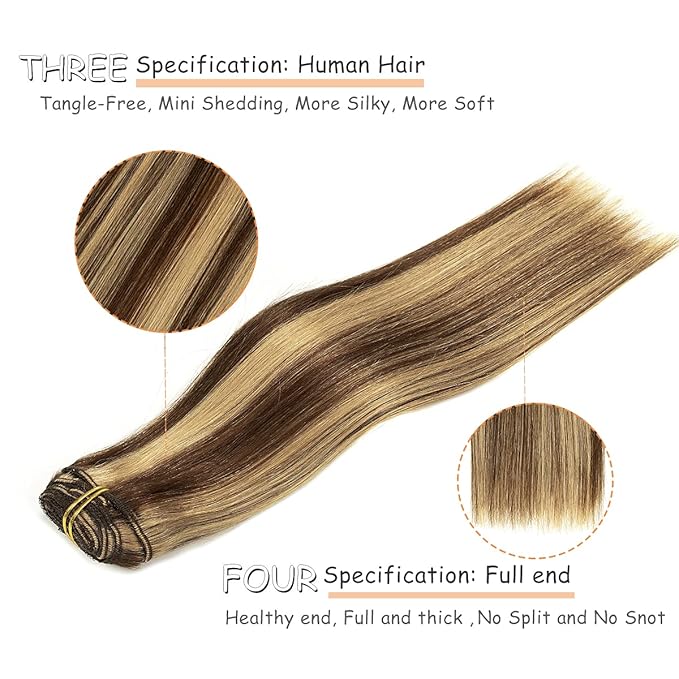 Caliee Remy Hair Extensions Clip in Human Hair Silky Straight for Full Head Clip in Extensions Human Hair Natural Thick Ends Highlighted Color P4/12 Brown Clip in Hair Extensions 22Inch 140G