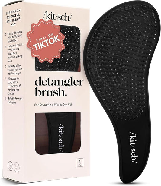 Kitsch Detangler Brush – Gentle Curly Hair Brush with Flexible Bristles for All Hair Types - Wet or Dry | Detangling Hair Brushes for Women & Men, Adults & Kids - Black