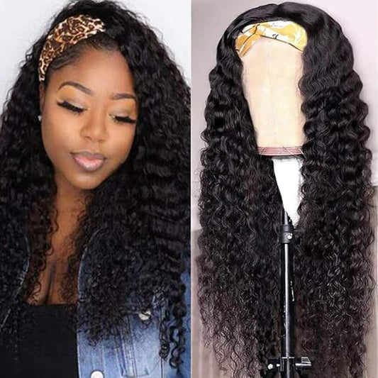 HUman Hair Headband Wigs Glueless Deep Wave None Lace Front Wigs Brazilian Virgin Human Hair for Black Women 150% Density 16inch