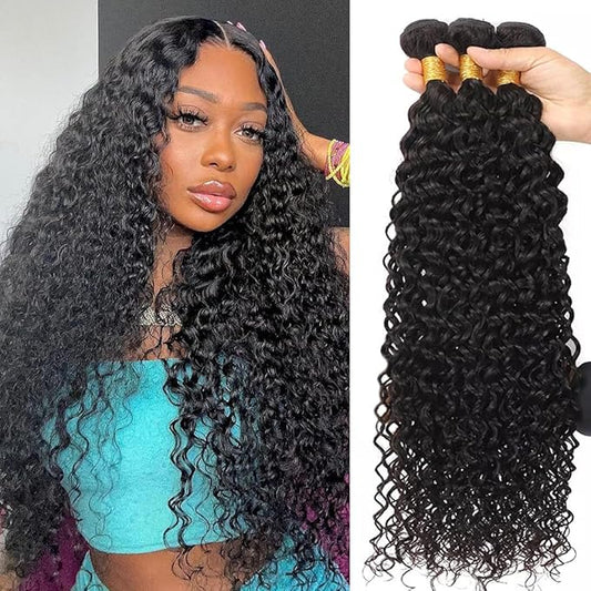 Water Wave Bundles Human Hair 100% Unprocessed Human Hair Bundles(20 22 24 Inch)12A Brazilian Virgin Human Hair Wet and Wavy Bundles Water Curly Hair Weft Natural Color