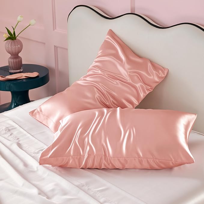 Bedsure Satin Pillowcase for Hair and Skin Queen - Peach Pink Silky Pillowcase 2 Pack with Envelope Closure, Similar to Silk Pillow Cases, Gifts for Women Men, 20x30 Inches, 2pcs