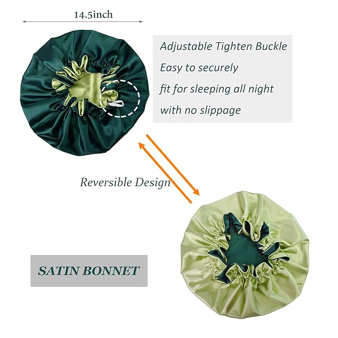 Silk Bonnet for Sleeping Satin Bonnets Double Layer Reversible Hair Cap Bonnet for Women Long Curly Braid Hair (Dark Green)
