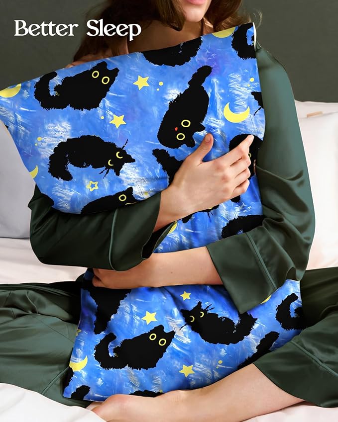 Silk Pillowcase 2 Pack - Cute Pillow Cases 20" x 26" Standard Size Set of 2 for Hair and Skin Smooth Soft Breathable with Hidden Zipper Cooling Pillow Covers for Sleeping, Blue Moon Cat
