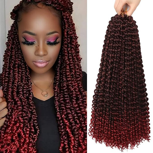 Ubeleco Passion Twist Hair,18 Inch Water Wave Crochet Hair for Women 6 Packs Ombre Burgundy Passion Twist Crochet Hair Long Bohemian Synthetic Curly Braiding Hair Extensions(6pcs,1B/Bug)