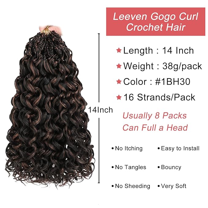 Leeven 14 Inch Curly Crochet Hair 8 Packs Gogo Curl Crochet Hair Black mix Brown Pre Looped Ocean Wave Crochet Braids Deep Twist Short Boho Braids Synthetic Hair for Women
