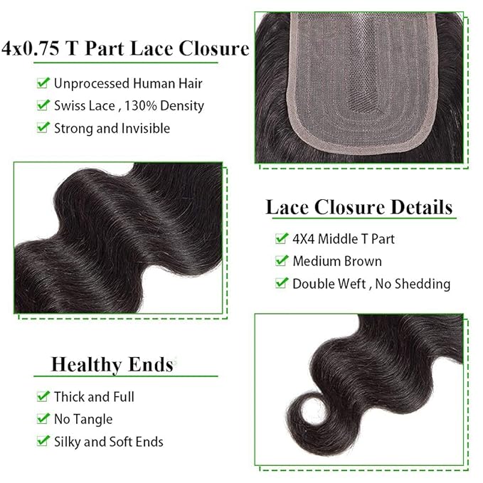 Amella Hair Brazilian Body Wave Hair 3 Bundles with T-Part Lace Closure Middle Part (16 18 20+16Closure)100% Unprocessed Virgin Brazilian Body Wave Human Hair 3 Bundles with Closure Natural Black Color