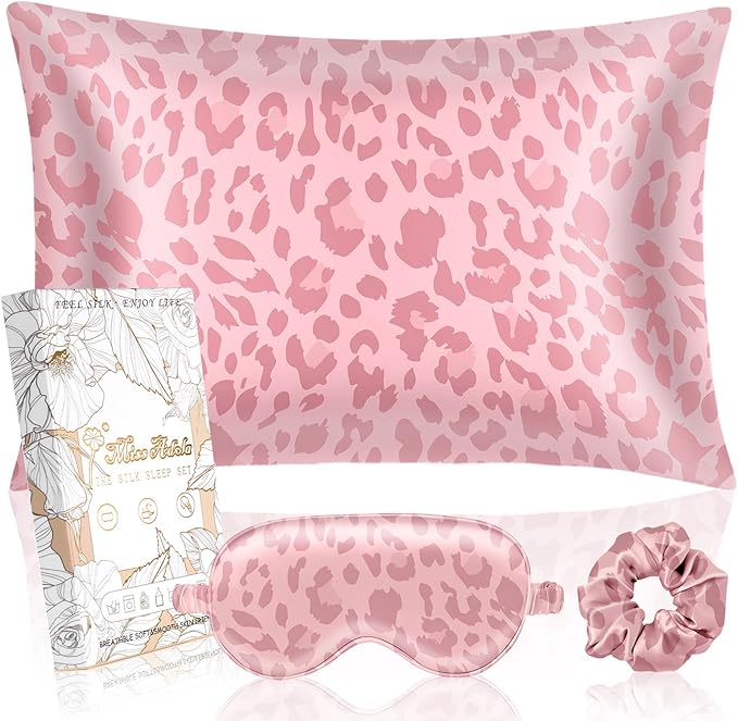 Mulberry Silk Pillow Case for Hair and Skin 19 Momme Standard 26"x20" Leopard Print Silk Pillowcase with Eye Mask & Scrunchie Soft Silk Pillowcase Sleeping for Moms, Women