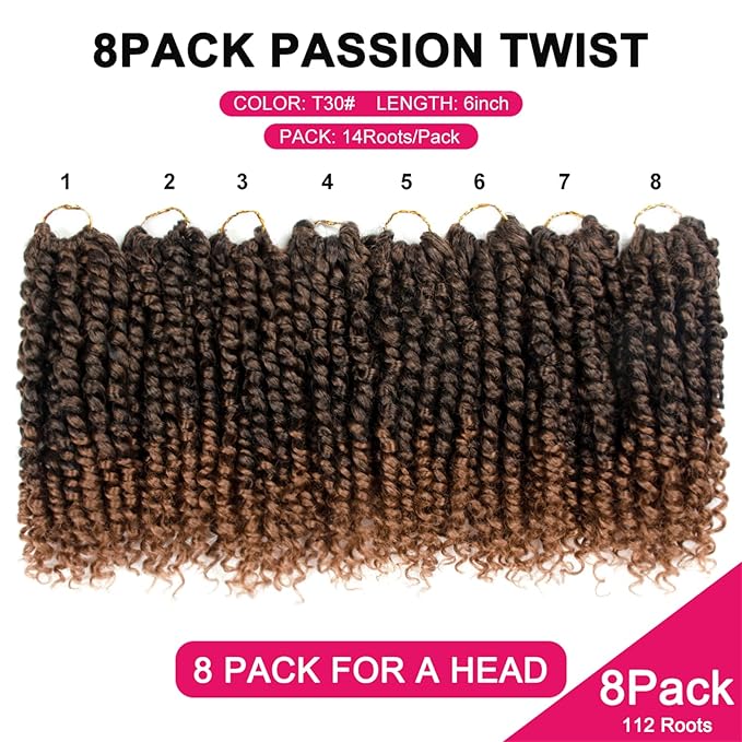 Passion Twist Hair For Kids - 8 Packs 6 Inch Passion Twist Crochet Hair For Black Women, Crochet Pretwisted Curly Hair Passion Twists Synthetic Braiding Hair Extensions(6 Inch 8 Packs, T30)
