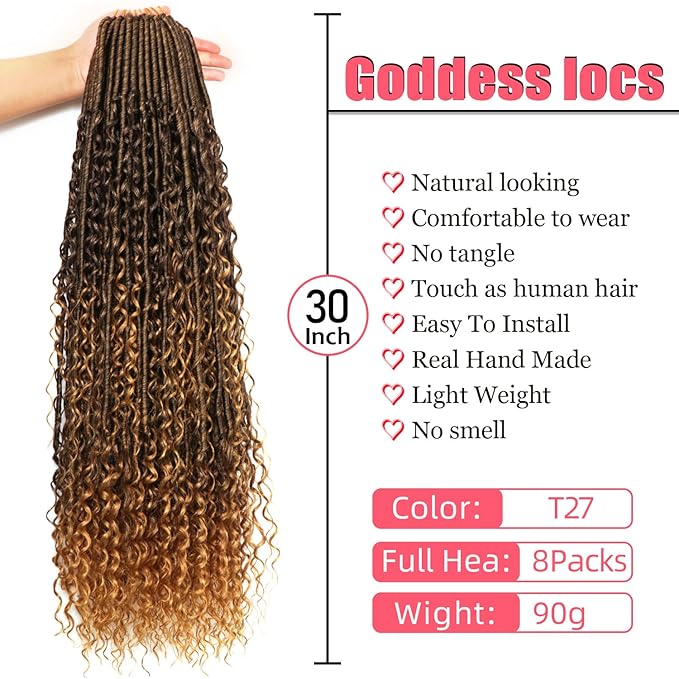 Goddess Locs Crochet Hair-30 Inch 8 Packs Boho Faux Locs Crochet Hair for Black Women Pre Looped Soft Locs with Curly Ends (T27, 30 Inch(Pack of 8))
