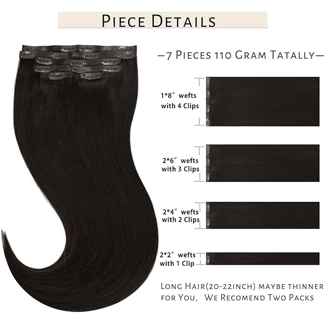 Caliee 20Inch Dark Brown Clip in Hair Extensions - 7pcs Real Hair Clip in Extensions - Invisible PU Weft - 110G Thick Full Head - Natural Hair - No Tangling No Shedding