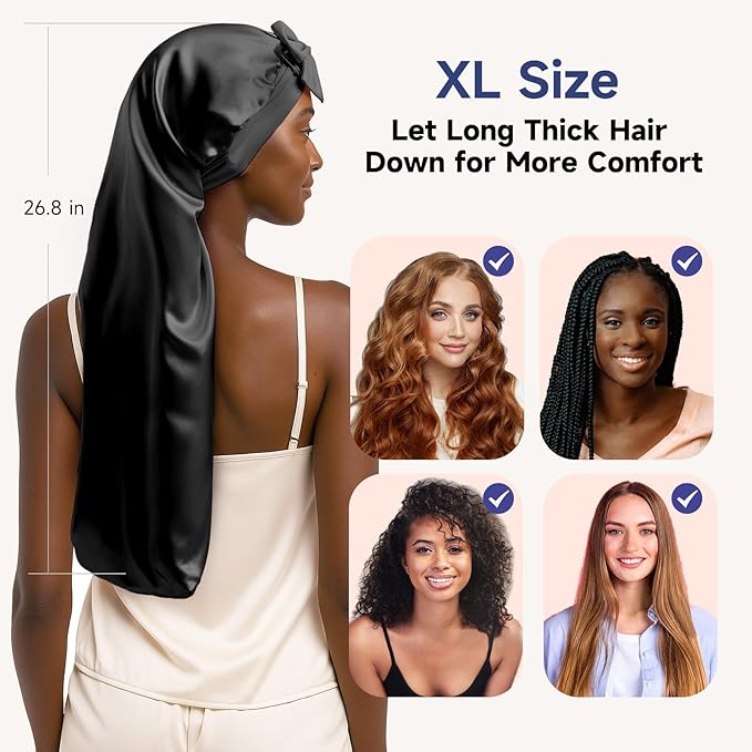 Umisleep Silk Bonnet for Sleeping Women, 22 Momme Mulberry Real Silk, Long Hair Bonnet for Braids & Curls to Reduce Frizz, Double Layer Hair Wrap with Soft Adjustable Tie Band, Black